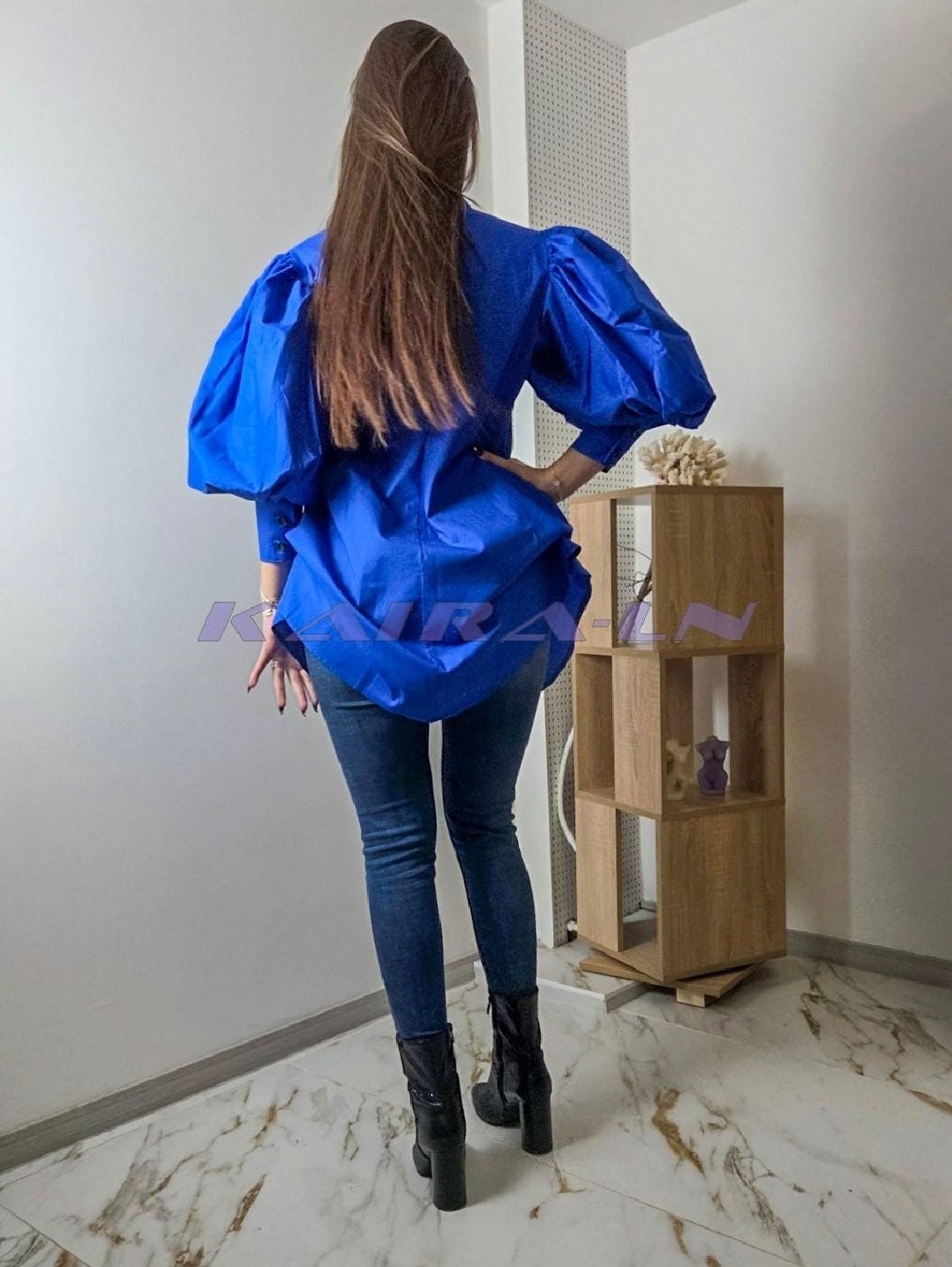 Риза с буфан ръкави, синя памучна риза с широки маншети и закопчаване с копчета